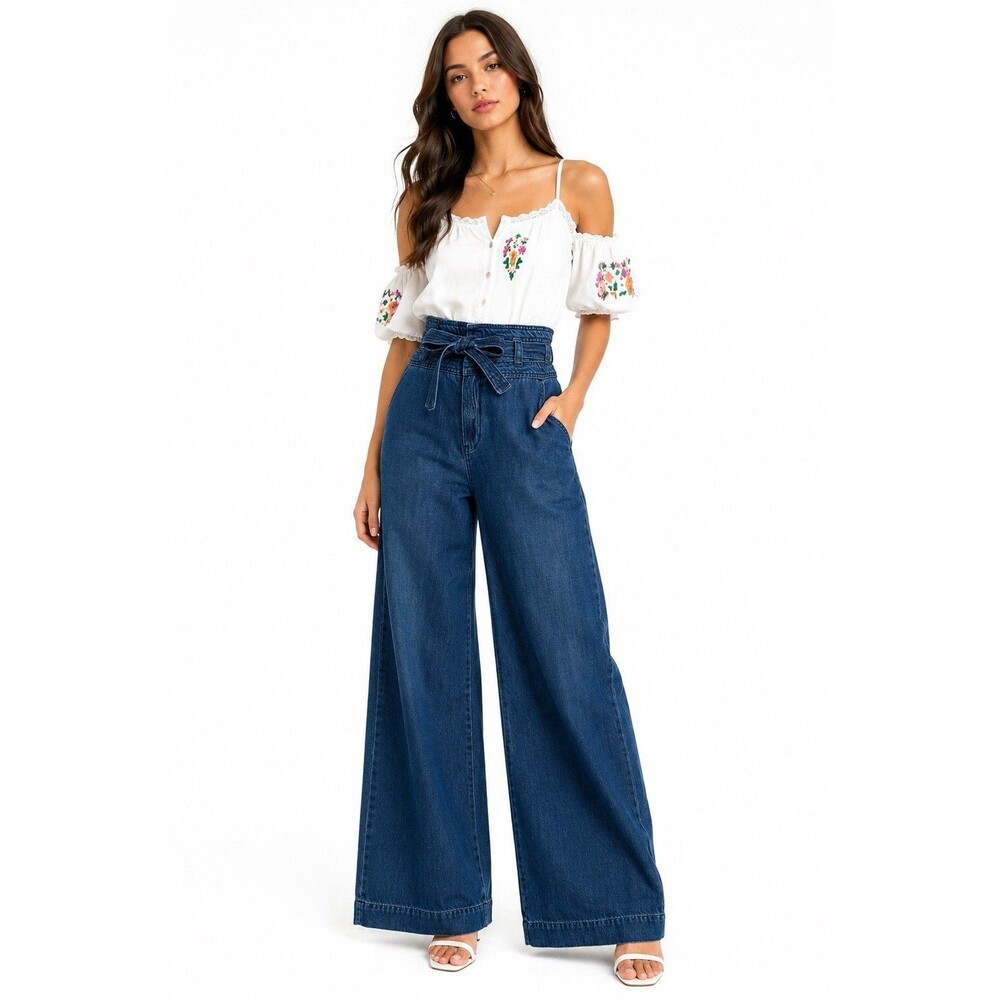 Free People Augusta Tie Waist High-Rise Wide Leg Boho Paperbag Flowy Jeans Sz 28